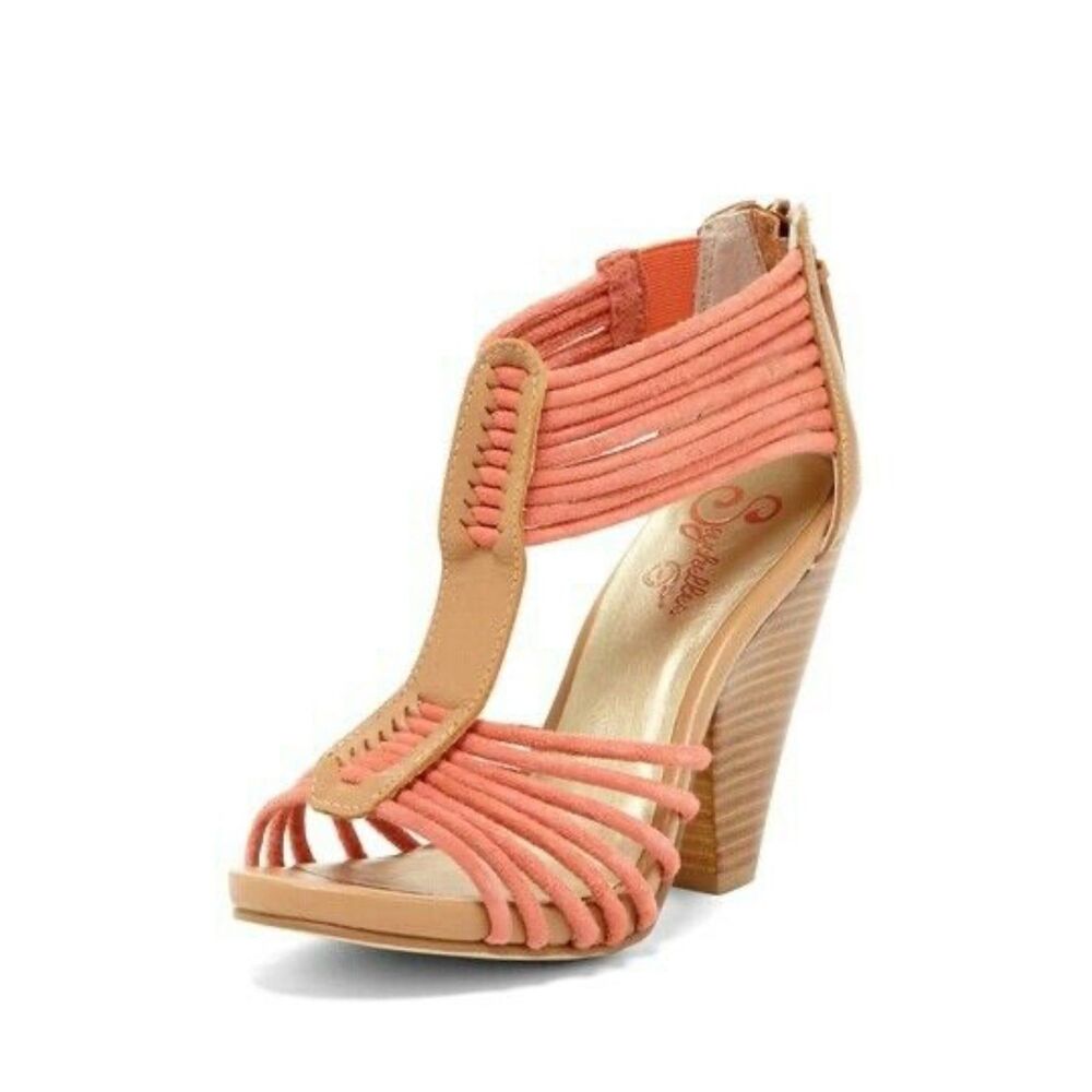 Seychelles Women's Time Will Tell T-Strap Heeled Sandals in Coral Pink & Tan 7.5